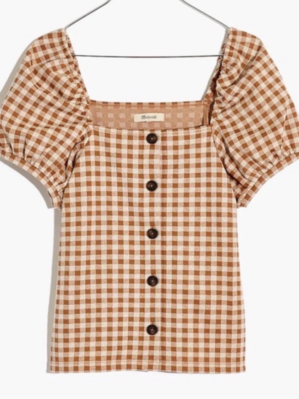 Madewell Gingham Jacquard Square-Neck Puff-Sleeve Top Rust Medium